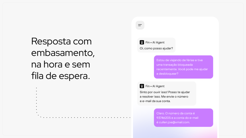 A imagem mostra uma tela da ferramenta Fin, o Agente de IA da Intercom, que é implementado no Brasil pela Nortrez. 
